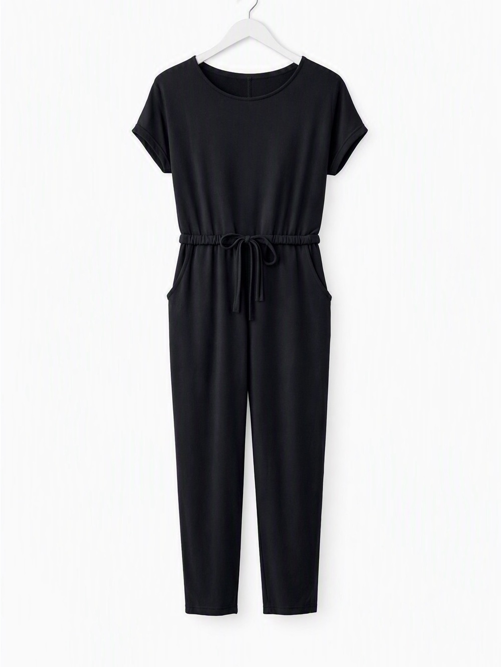 Roolee Black Short-Sleeve Drawstring Waist Jumpsuit